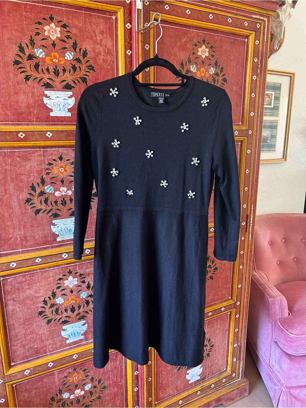 Spense Black Long-Sleeve Knit Dress with Pearl Cluster Details